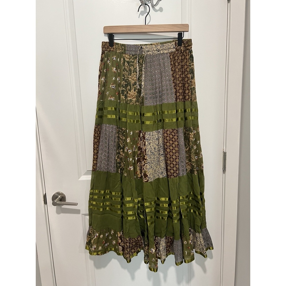 Vintage Silver Stream Patchwork Maxi Skirt Bohemian Floral One Size Cotton Green